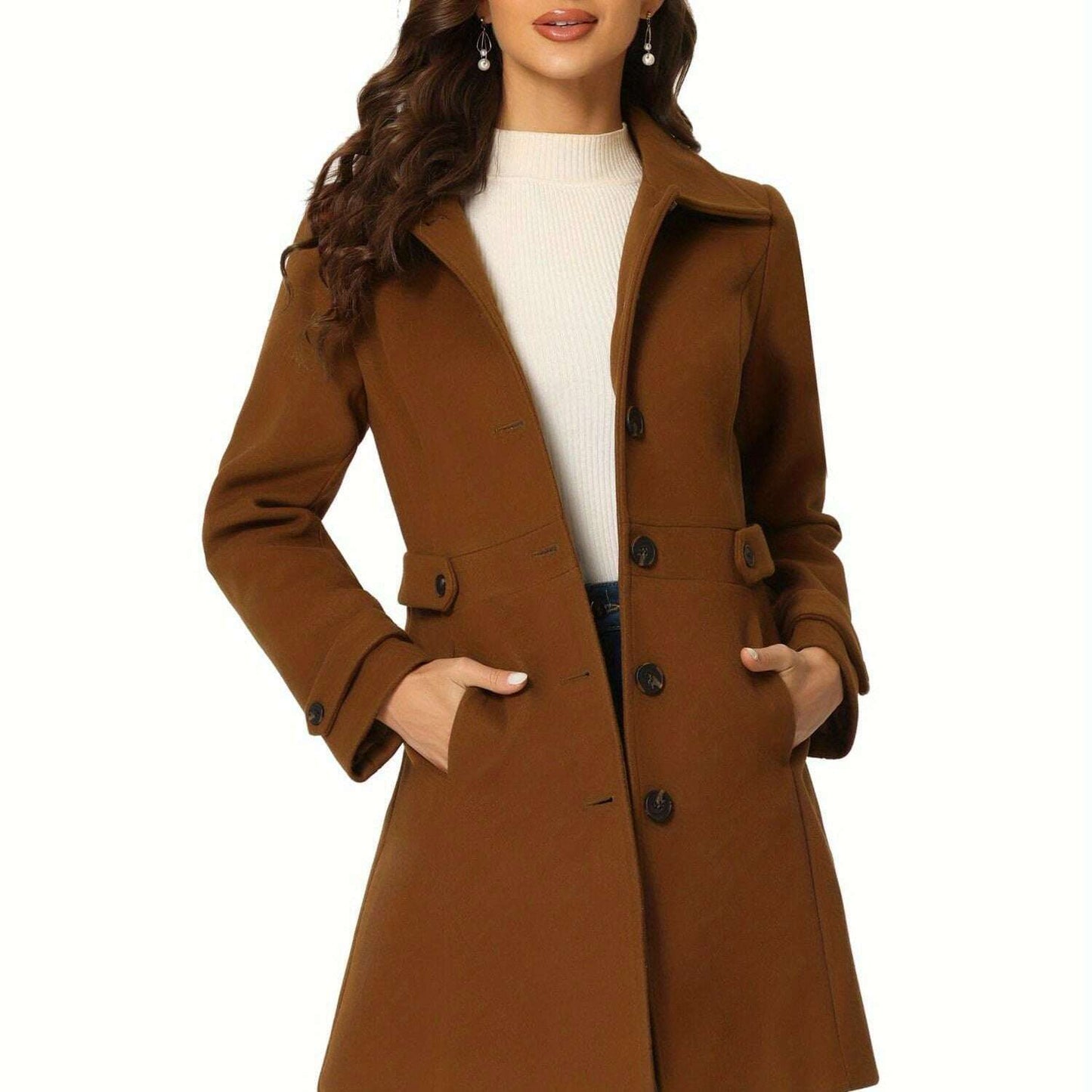 Allegra K Midi Pea Coat with Lapel Collar and Hidden Pockets