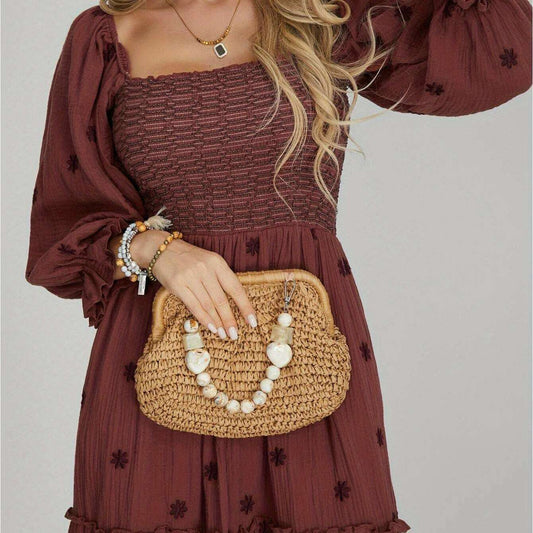 Women Summer Casual Long Dress 3D Embroidered Flowers Square Neck Puff Sleeve Dress Fashion Backless A-line Dress