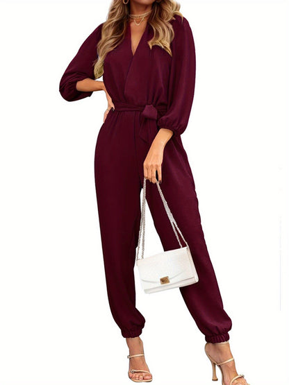 Tooluck Womens V Neck Long Sleeve Belt Pockets Long Pants Romper Jumpsuit
