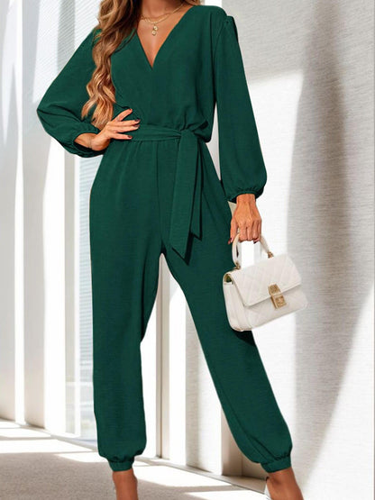 Tooluck Womens V Neck Long Sleeve Belt Pockets Long Pants Romper Jumpsuit
