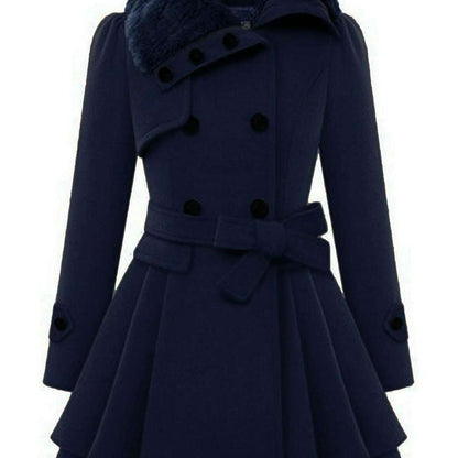 Women's Winter Double-Breasted Pea Coat with Faux Fur