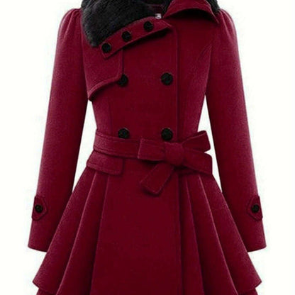 Women's Winter Double-Breasted Pea Coat with Faux Fur