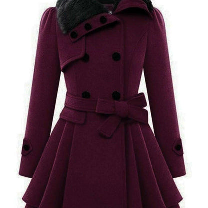 Women's Winter Double-Breasted Pea Coat with Faux Fur