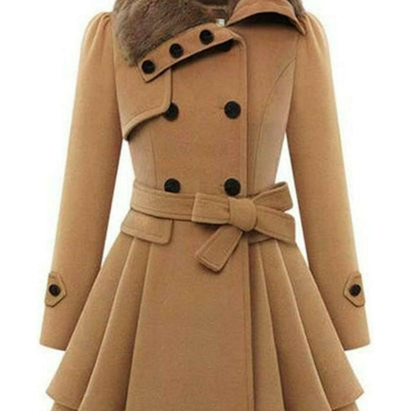 Women's Winter Double-Breasted Pea Coat with Faux Fur