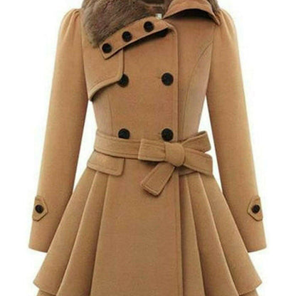 Women's Winter Double-Breasted Pea Coat with Faux Fur