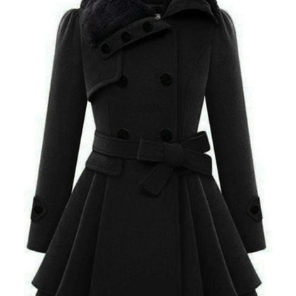 Women's Winter Double-Breasted Pea Coat with Faux Fur