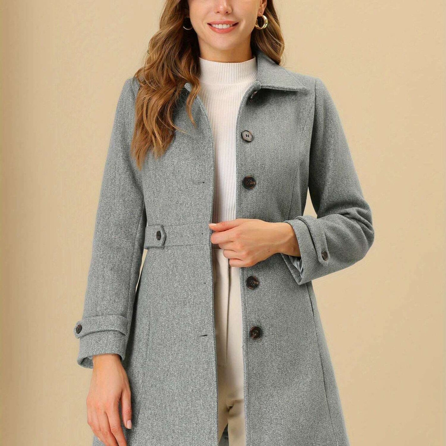 Allegra K Midi Pea Coat with Lapel Collar and Hidden Pockets