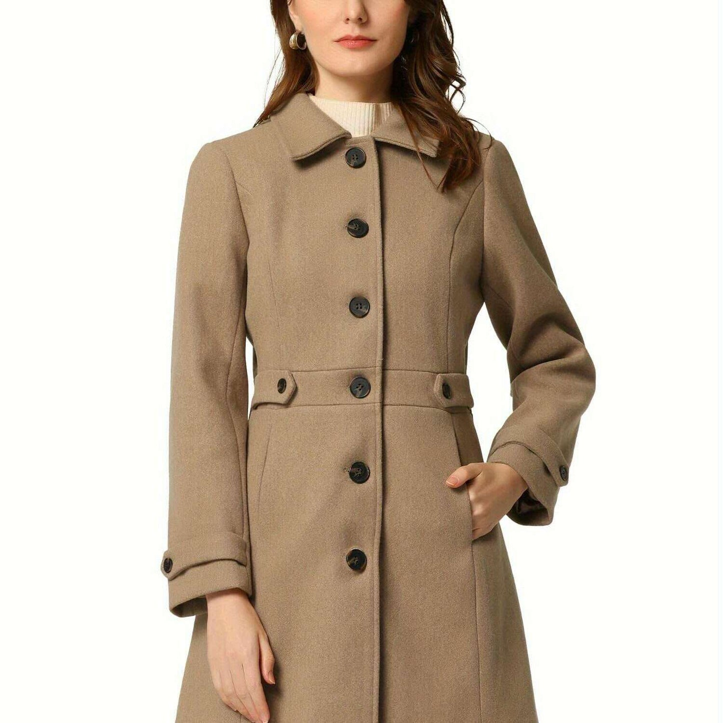 Allegra K Midi Pea Coat with Lapel Collar and Hidden Pockets