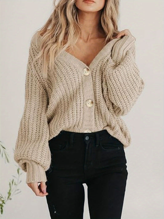 V-Neck Chunky Knit Cardigan with Open Front and Button Detail for Women