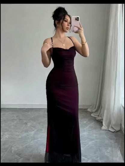 [Elegant Bodycon Dress] Elegant High-Stretch Mesh Bodycon Dress | Women's Adjustable Backless Long Sleeveless Party Dress, Machine Washable All-Season Formal & Casual Wear, Versatile Fashion, Double Mesh Detail, Solid Color