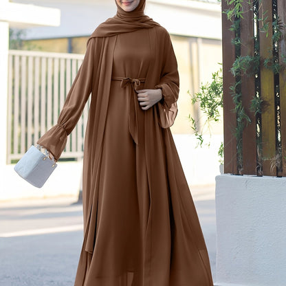 Middle Eastern Muslim Elegant Chiffon Abaya Set with Vest and Belted Outer Wrap