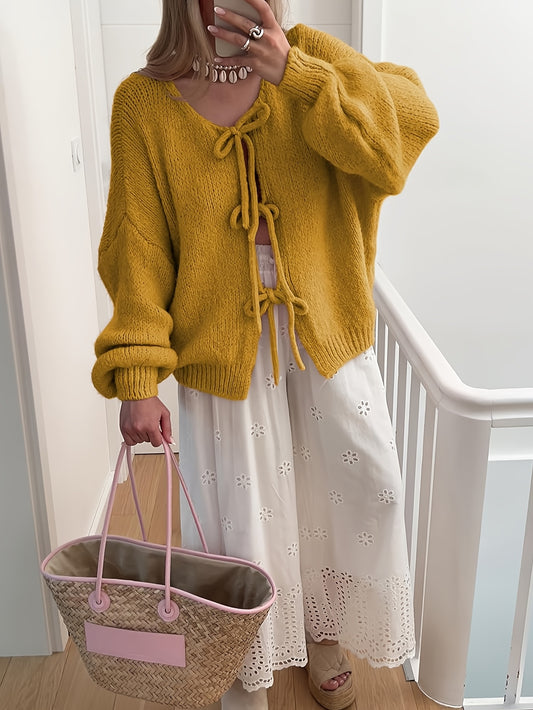 Women'S Oversized Bowtie Knit Sweater Cardigan With Y2K Vibe Long Sleeves V Neck Open Front Casual Wear
