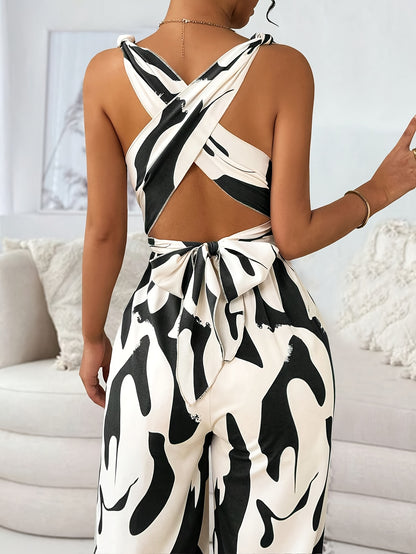 1pc Women'S Fashionable Random Print Backless Jumpsuit