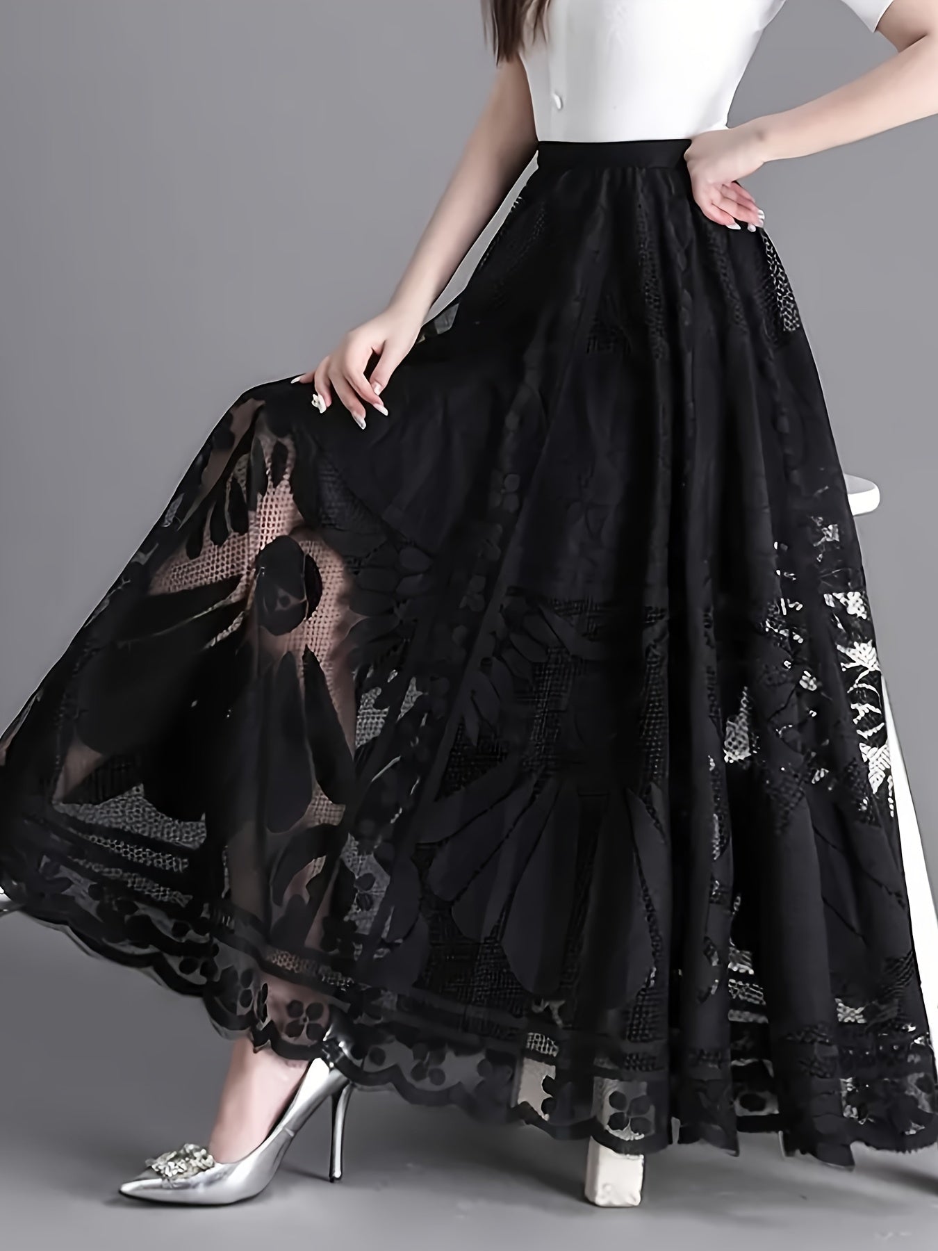 Elegant Women's A-Line Lace Skirt - Long Pleated Design with Intricate Floral Patterns, Lightweight Polyester, Ideal for Spring/Summer/Fall Events, Spring Summer Fashion|Aline Skirt|Polyester Fabric