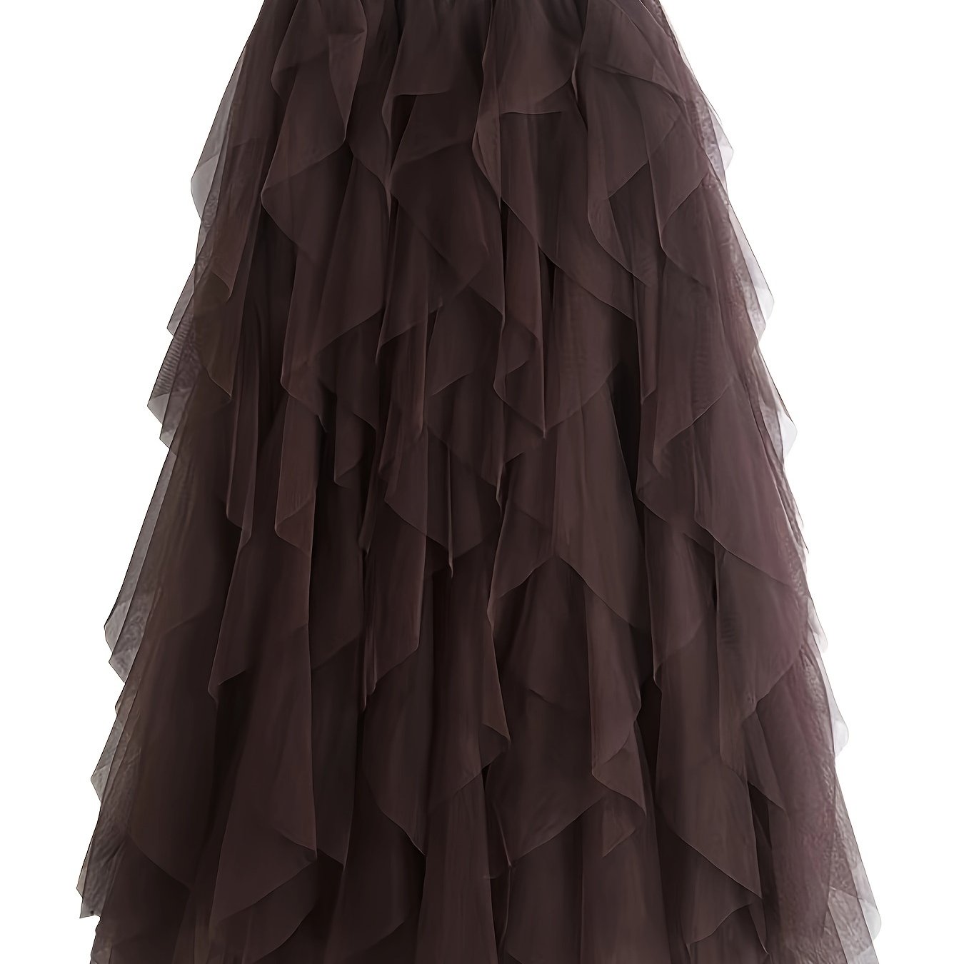 Chic Elegance, Elegant High-Waist A-Line Tulle Skirt for Women - Chic Korean-Style Spring Collection, Sheer Brown Polyester with Delicate Mesh Layers, Perfect for Summer Skirt