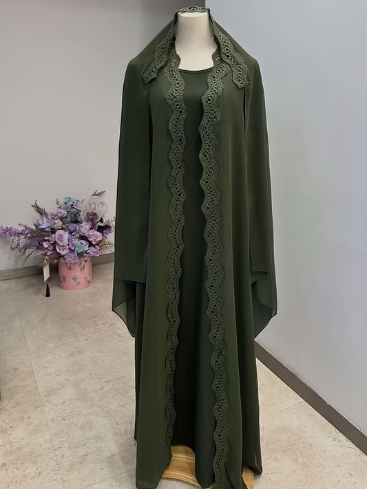 3pcs Middle Eastern Abaya Robe Set - Modest Long Sleeve Lace-Trimmed Abaya with Headscarf, Solid Color, Non-Stretch Fabric, Regular Sleeve, All-Season Wear, Loose Fit, H-Line Silhouette, Islamic Fashion, Modest Apparel | Lace
