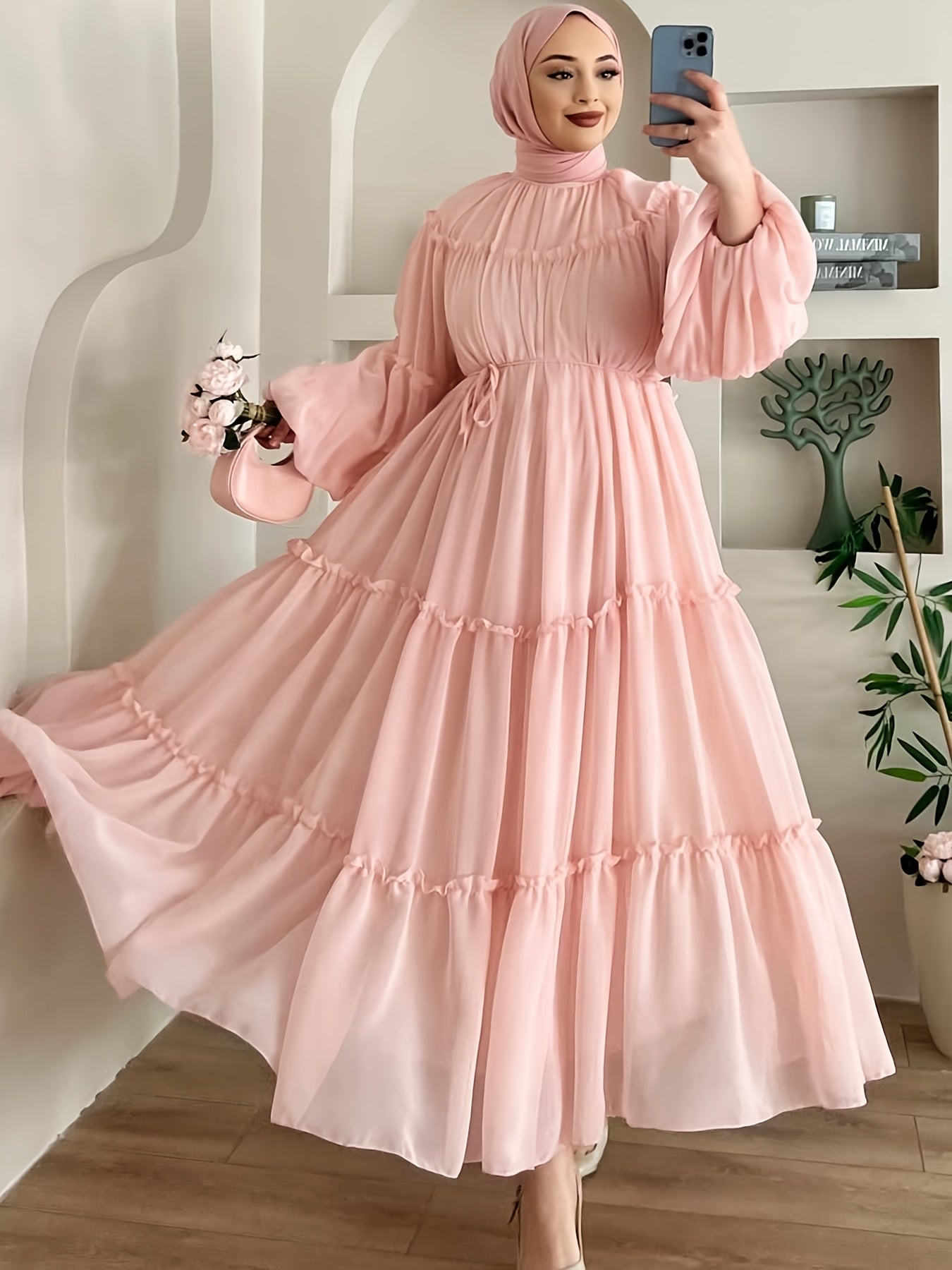 Women's Casual Fashionable Date Vacation Middle Eastern Muslim Minimalist Solid Color Soft Lace Design Long Elegant Dress with Belt