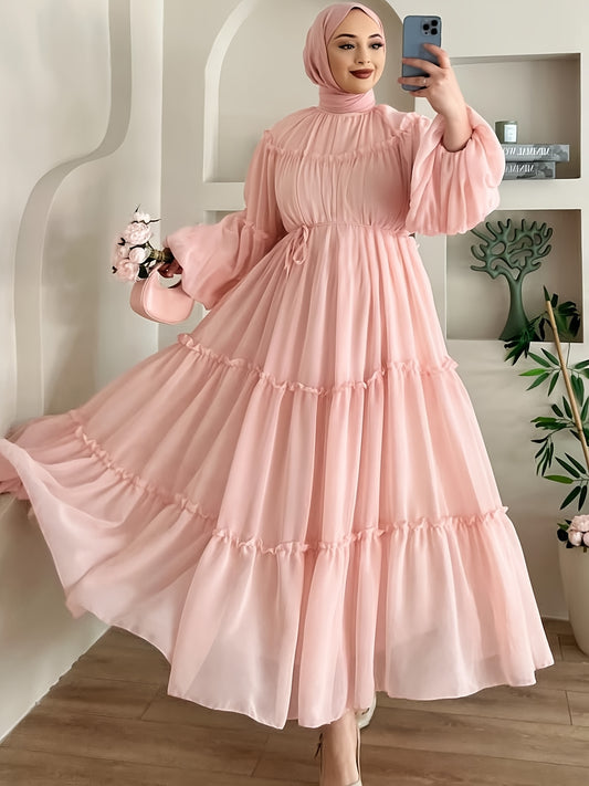 Women's Casual Fashionable Date Vacation Middle Eastern Muslim Minimalist Solid Color Soft Lace Design Long Elegant Dress with Belt