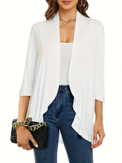 [Lightweight Ruffled Cardigan] Lightweight Women's Light Pink Ruffled Cardigan | Casual Open Front Sweater with Asymmetrical Hem, Long Sleeves, and Button Details for Fall & Winter