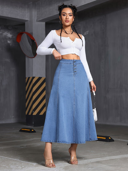Women's Stretch Denim Midi Swing Dress with Elastic Front Buckle Closure - Streetwear Style Regular Fit Long Flowy Skirt, Machine Washable for Spring Summer Fall Casual Outfits, Seasonal Fashion, Elegant Texture