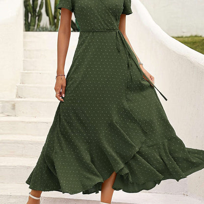 Elegant Women's Swiss Dot Surplice Neck Maxi Dress - D&M Boutique 
