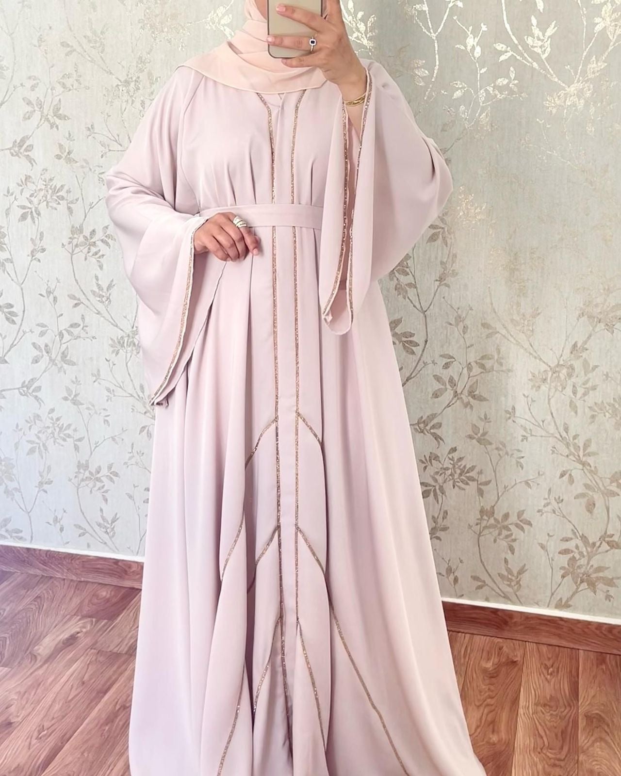 Light/sweet pink with gold embellishments Abaya