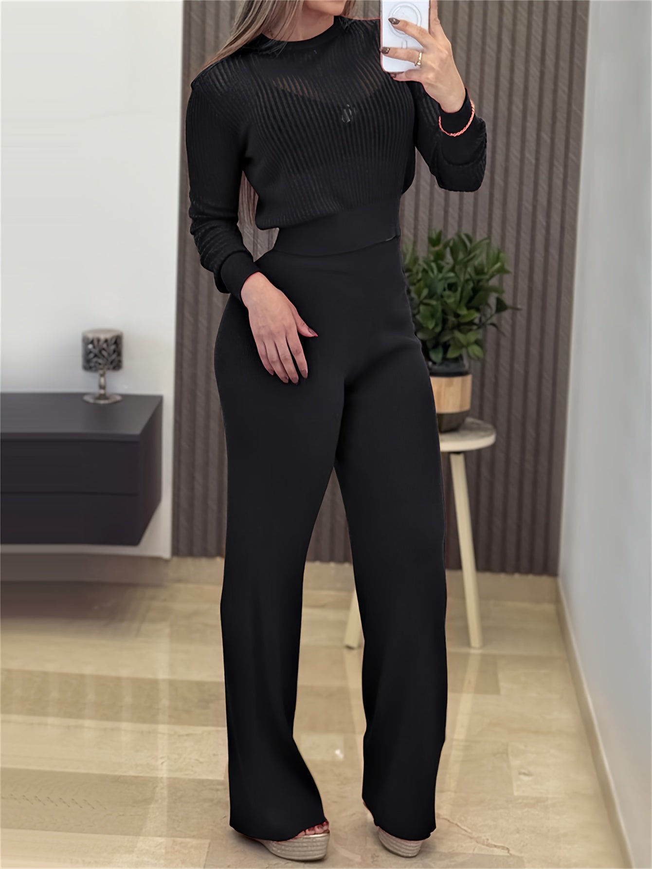 Ribbed Top & Wide-Leg Pants Set – Casual Two-Piece