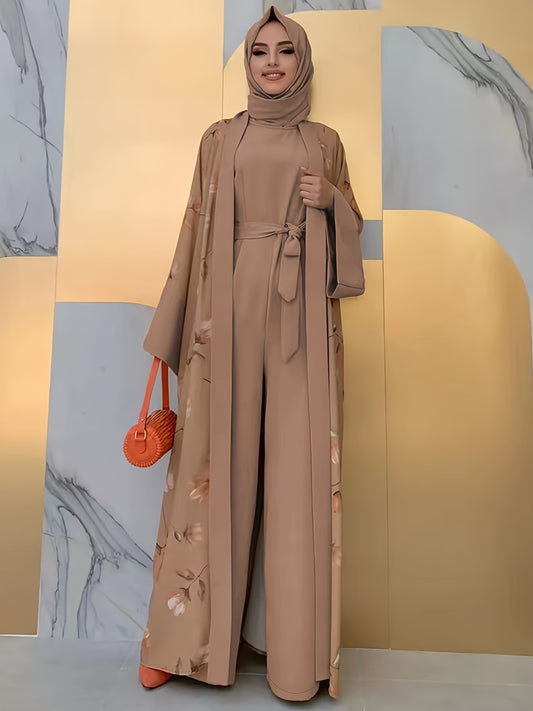 Middle Eastern Muslim Print Jumpsuit Two-Piece Set for Women Without Headscarf