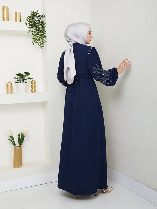 Elegant Black Abaya with Rhinestone Embellishments - Long Sleeve, Belted, All-Season Traditional Muslim Dress for Women, Islamic Fashion, Sophisticated Craftsmanship