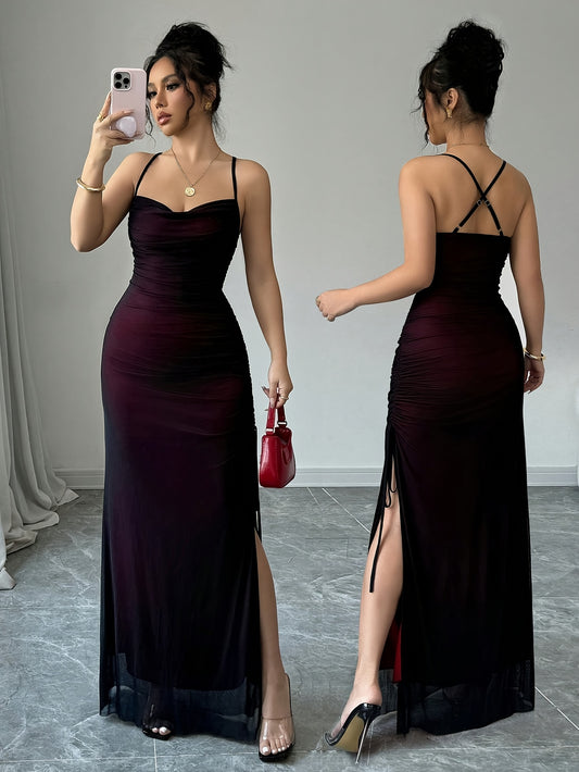 [Elegant Bodycon Dress] Elegant High-Stretch Mesh Bodycon Dress | Women's Adjustable Backless Long Sleeveless Party Dress, Machine Washable All-Season Formal & Casual Wear, Versatile Fashion, Double Mesh Detail, Solid Color
