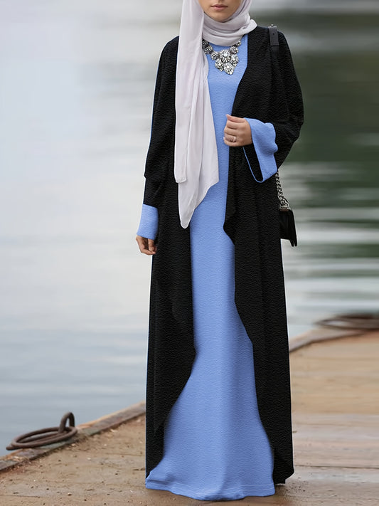 Women's Muslim Long Dress Set - Solid Color, Two-Piece, Includes Robe Jacket