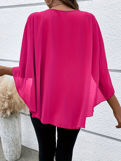 Solid Color Layered Cape Sleeve Shirt, Versatile Round Neck Shirt For Spring And Autumn, Women'S Clothing