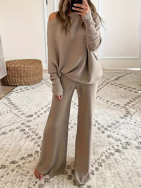 Cozy Ribbed Pantsuit: Soft Long Sleeve Top & Drawstring Wide Leg Pants