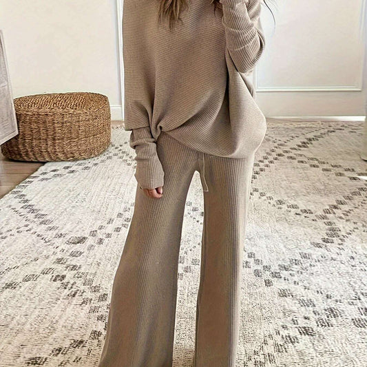 Cozy Ribbed Pantsuit: Soft Long Sleeve Top & Drawstring Wide Leg Pants