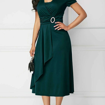 Plus Size Elegant V-Neck Belted Midi Dress with Flowy Hem