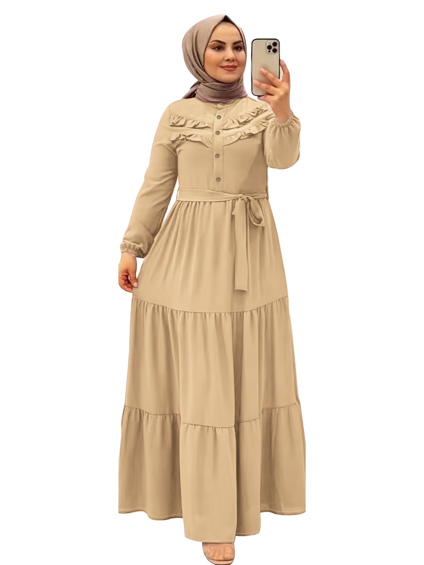 [Light Green Maxi Dress] Casual Light Green Polyester Maxi Dress - Elegant Solid Color with Ruffle Hem & Button Detail, Machine Washable - Hijab Not Included