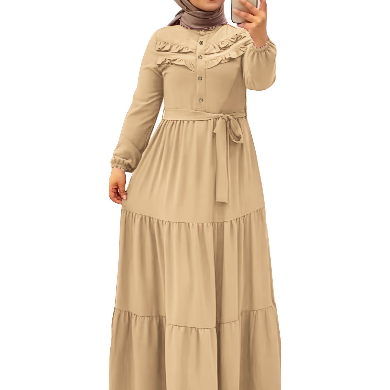[Light Green Maxi Dress] Casual Light Green Polyester Maxi Dress - Elegant Solid Color with Ruffle Hem & Button Detail, Machine Washable - Hijab Not Included