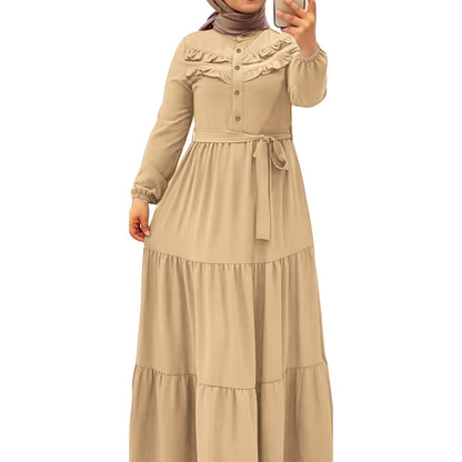 [Light Green Maxi Dress] Casual Light Green Polyester Maxi Dress - Elegant Solid Color with Ruffle Hem & Button Detail, Machine Washable - Hijab Not Included