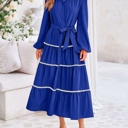Women'S Spring Casual Dress Loose Drawstring Lantern Sleeve Long Sleeve Tier Dress With Pockets