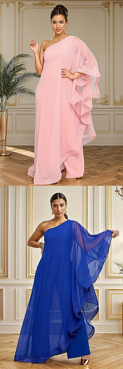 PORRCEY Sexy Single Shoulder Ruffled Sleeveless Solid Color Patchwork Elastic Jumpsuit