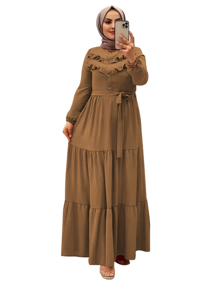[Light Green Maxi Dress] Casual Light Green Polyester Maxi Dress - Elegant Solid Color with Ruffle Hem & Button Detail, Machine Washable - Hijab Not Included