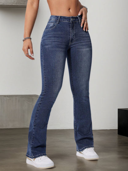 Women'S Stretchy Casual Flare Jeans - Versatile High-Waisted Bell Bottoms with Slash Pockets, Light Wash Blue, Comfortable & Stylish for All Seasons, High Waisted Jeans, Allseason Fashion, Elegant Design, Durable Fabric