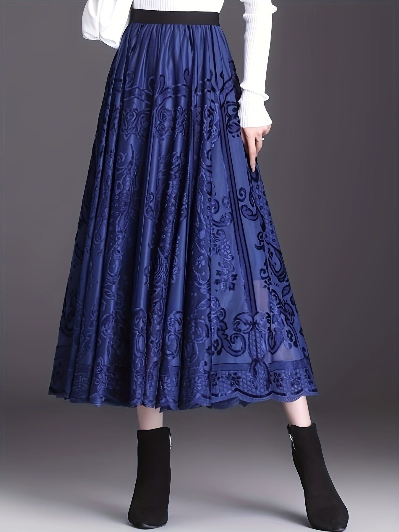 [Elegant Floral Lace Skirt] High-Waist A-Line Midi Skirt - Elegant Floral Lace, 100% Polyester Knit Fabric, Contrast Lace Detail - Women's, Spring/Fall Season