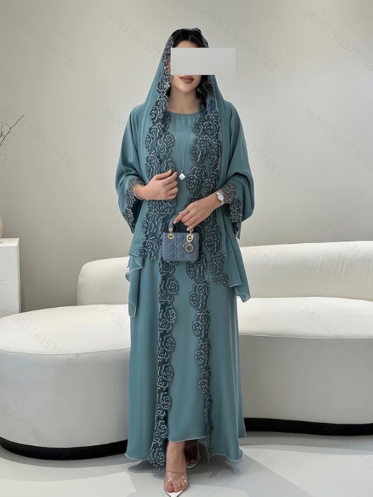 Women's 3pcs Islamic Abaya Muslim Modest Outfit Set - Long Sleeve Elegant Maxi Dress with Lace Hem & Head Veil, Loose-Fit H-Line Silhouette, Machine Washable All-Season Traditional Muslim Clothing for Prayer, Casual Attire &