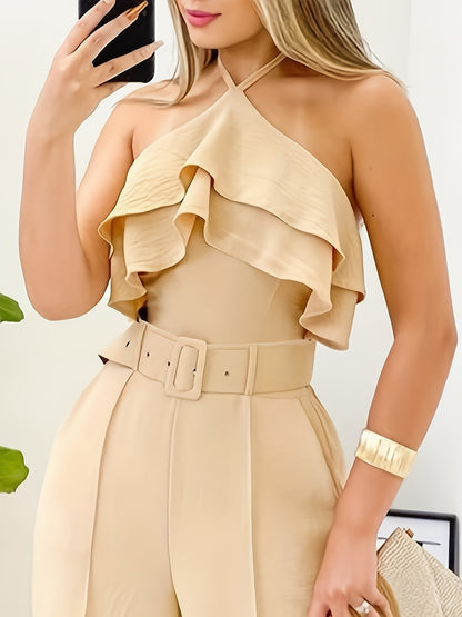 Women's 2pcs Ruffle Hem Backless Top And Piping Pants Set with Belt