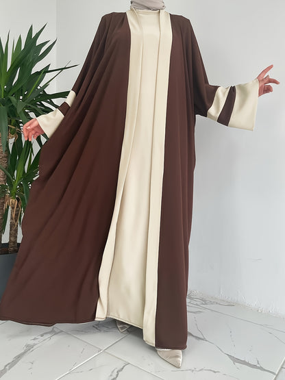 Women'S Middle Eastern Muslim Minimalist Solid Color Long Sleeveless Vest Dress + Contrast Color Long Cardigan Jacket Casual Fashion Party Vacation Versatile Two-Piece Set, Elegant Style, All-Season Wear, Modest Apparel, Eleg