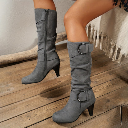 Women's Knee-High Boots with Pointed Toe, Cone Heel, Zip Closure, and Fabric Upper