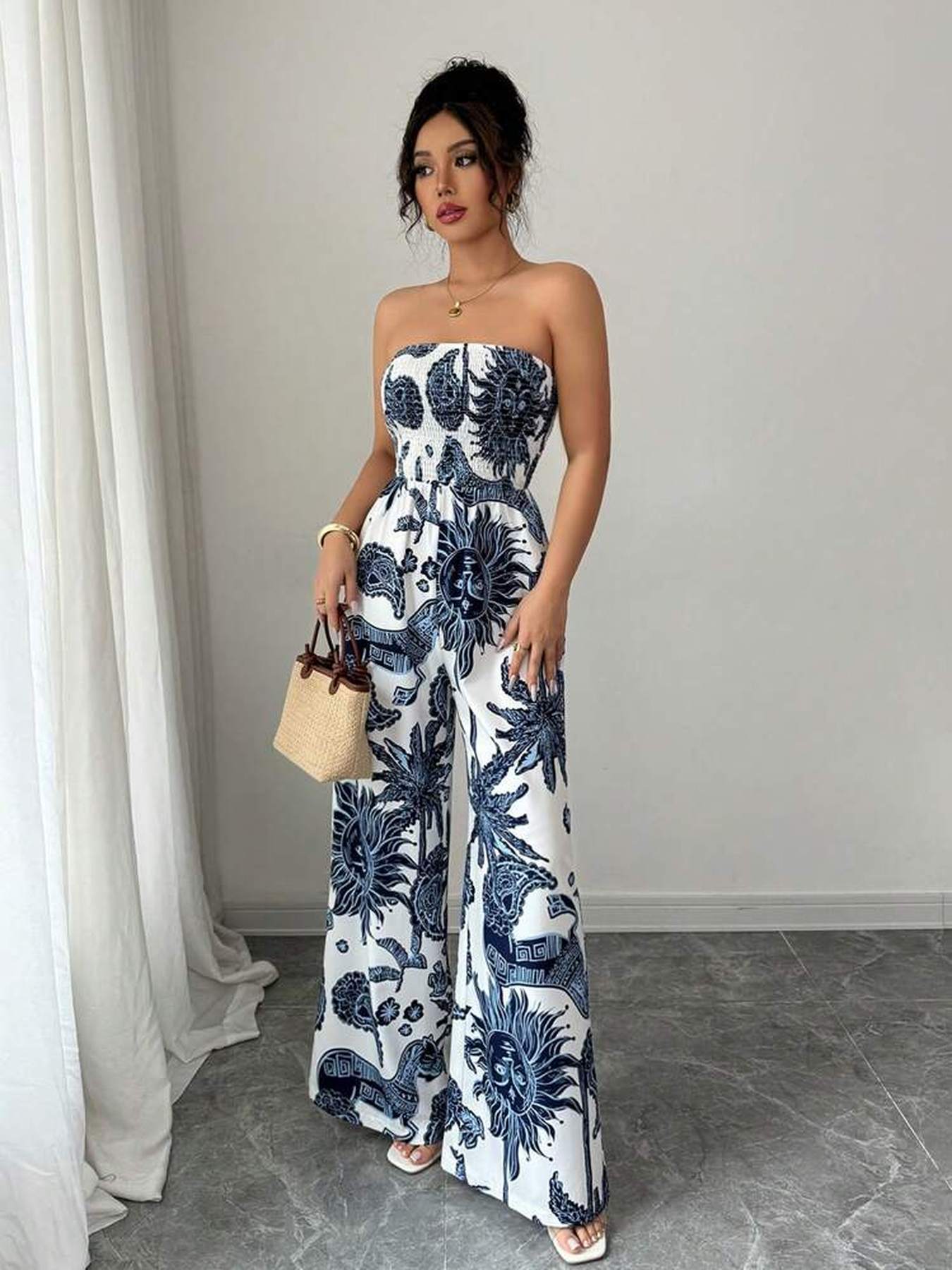 [Silklike Jumpsuit] Women's Lightweight Silklike Sleeveless Off-Shoulder Smocking Jumpsuit | Geometric Digital Print Wide-Leg Beachwear, Machine Washable Non-Stretch Fabric for Vacation & Casual Outings, Summer Outfit, Smooth
