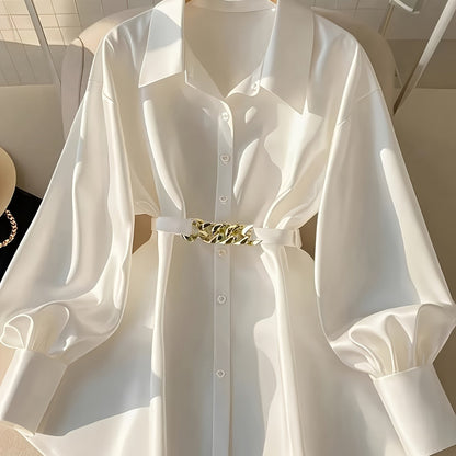 Retro Style Women's Loose Long Sleeve Casual Outdoor Top Fashion Shirt with Belt