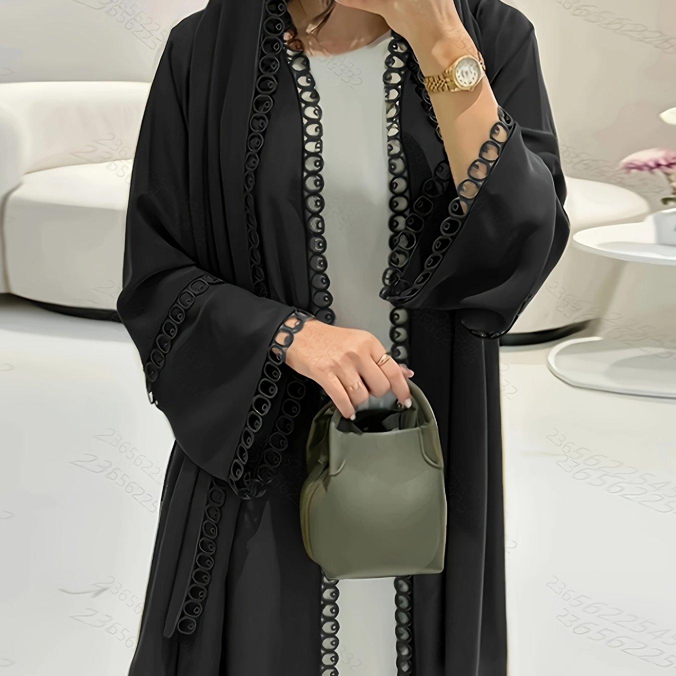 [Elegant Abaya] Breathable Polyester Elegant Abaya with Lace Trim and Slit, Long Sleeve, Perfect for Spring/Summer/Fall - Includes Matching Headscarf, Ideal for Casual or Formal Occasions